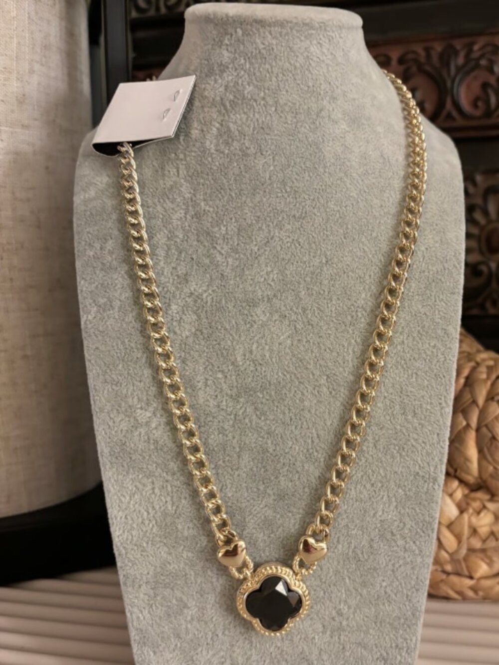 Onyx clover necklace- gold plated